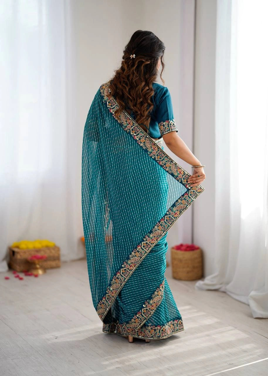 Teal blue leheriya saree – back view on model